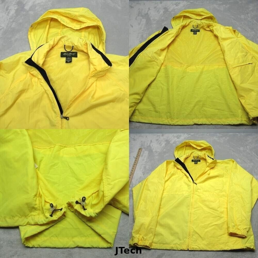 Eddie Bauer Rain Jacket Mens XL Yellow Hooded Pockets Lined Full Zip Vented Mesh